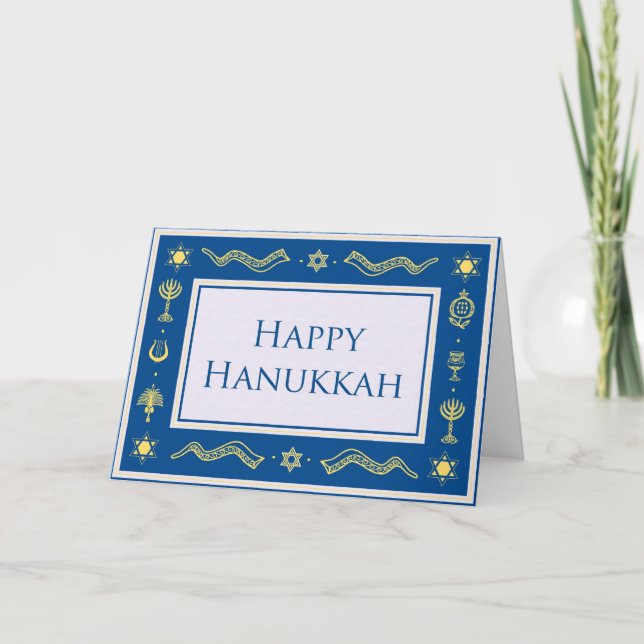 Elegant blue & gold happy hanukkah greeting card (Front)