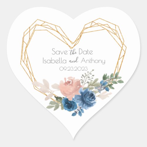 Elegant Blue Gold Heart Floral Names Date Wedding Heart Sticker