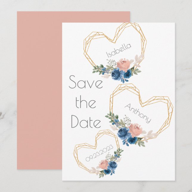 Elegant Blue Gold Heart Floral Names Wedding Save The Date (Front/Back)