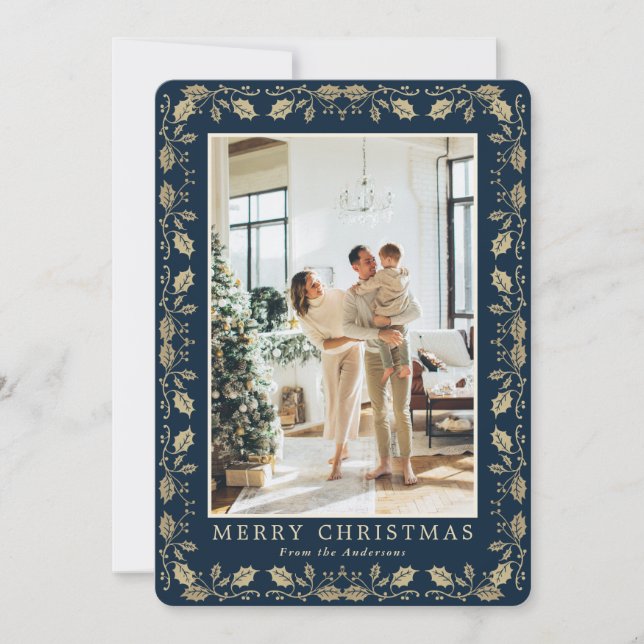 Elegant Blue Gold Holly Photo Merry Christmas Card (Front)