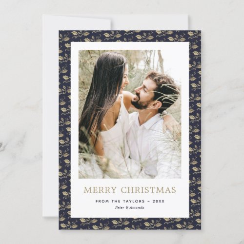 Elegant Blue Gold Holly Photo Merry Christmas Card