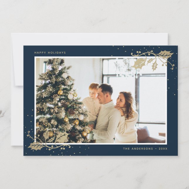 Elegant Blue Gold Holly Snowflake Photo Holiday Card (Front)