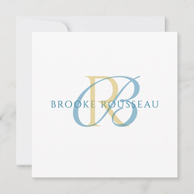 Elegant Blue Gold Initial Monogram Note Card (Front)