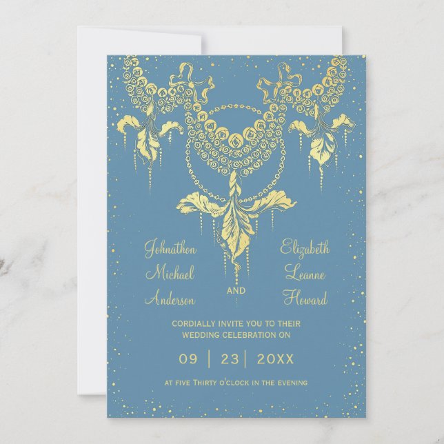 Elegant Blue Gold Iris Garland Wedding Invitation (Front)