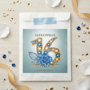 Elegant Blue Gold Jewel Crystal Rose Sweet 16 Favor Bag