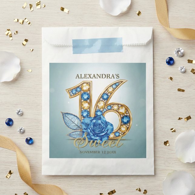 Elegant Blue Gold Jewel Crystal Rose Sweet 16 Favor Bag (Creator Uploaded)