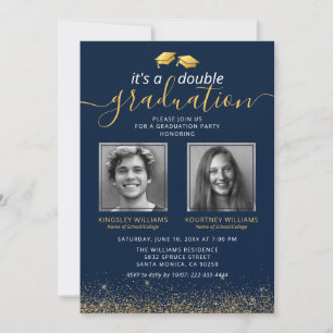 Elegant Blue Gold Joint Graduation Photo Invitation