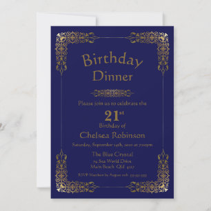 Elegant Blue Gold Lace 21st Birthday Dinner Invite