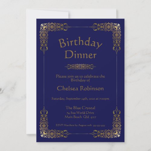 Elegant Blue Gold Lace Birthday Dinner Invitation
