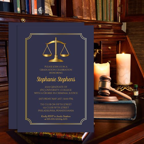 Elegant Blue  Gold Law Attorney Graduation Party Invitation