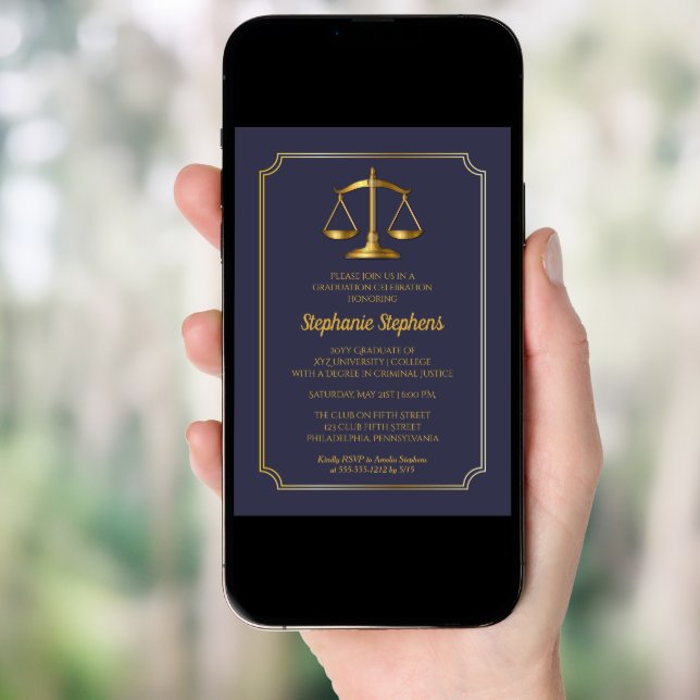 Elegant Blue | Gold Law Attorney Graduation Party Invitation (Front Digital)