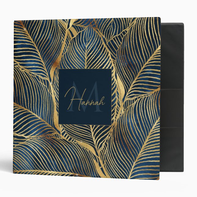 Elegant Blue Gold Leaf Design 3 Ring Binder (Front/Inside)