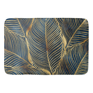 Elegant Blue Gold Leaf Design Bath Mat