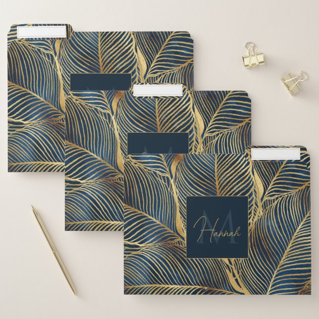 Elegant Blue Gold Leaf Design File Folder (Set)