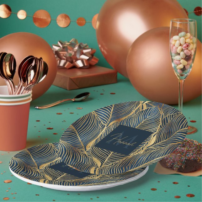 Elegant Blue Gold Leaf Design Paper Plates (Multi)