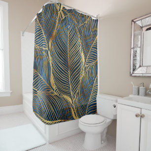 Elegant Blue Gold Leaf Design Shower Curtain