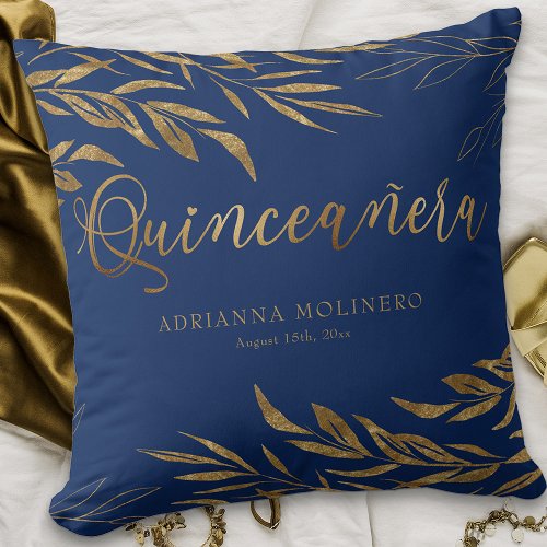 Elegant Blue Gold Leaf Personalized Quinceanera Throw Pillow