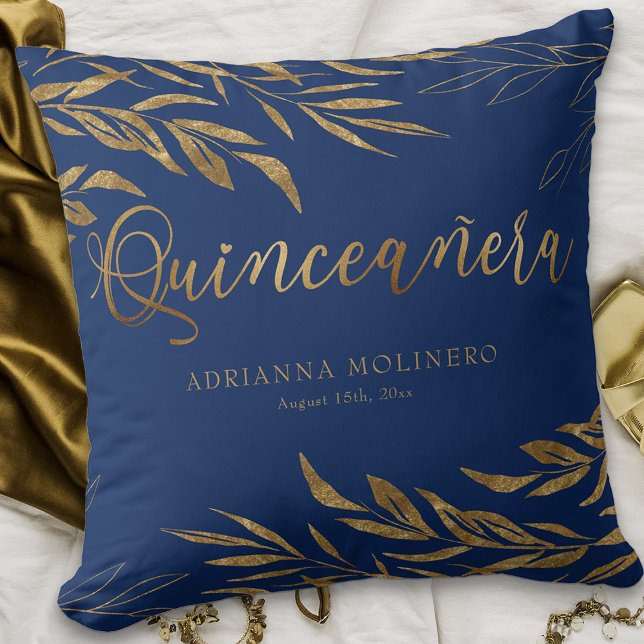 Elegant Blue Gold Leaf Personalized Quinceanera Throw Pillow (Royal Blue Quinceanera keepsake pillow from my Gold Leaf Quinceanera Collection)