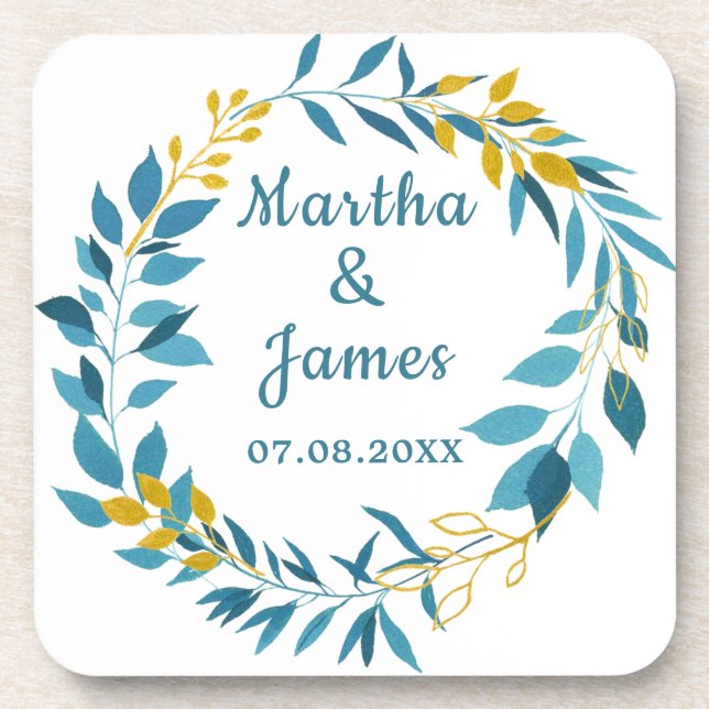 Elegant Blue Gold Leaf Personalized Wedding  Beverage Coaster (Front)