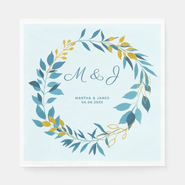 Elegant Blue Gold Leaf Personalized Wedding Napkins (Front)