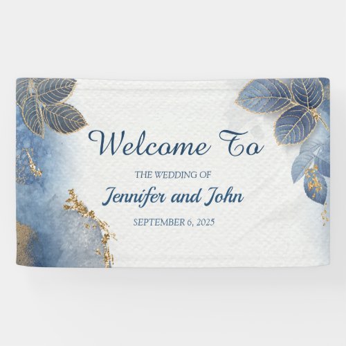 Elegant Blue Gold Leaves Botanical Wedding Banner
