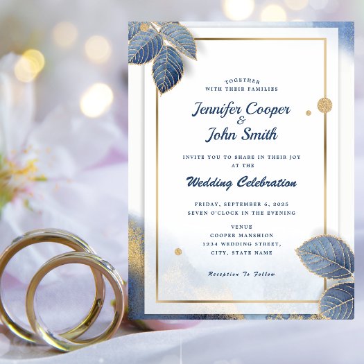 Elegant Blue Gold Leaves Botanical Wedding
