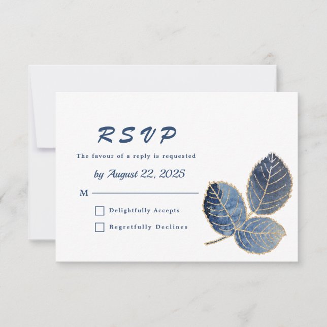 Elegant Blue Gold Leaves Botanical Wedding RSVP Card (Front)