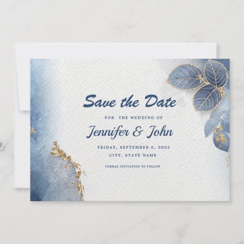 Elegant Blue Gold Leaves Botanical Wedding Save The Date