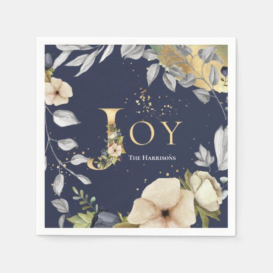 Elegant Blue Gold Letters Floral Joy Christmas Napkin