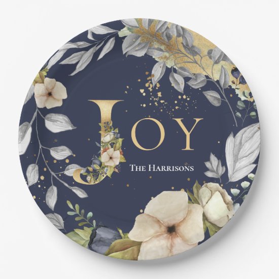 Elegant Blue Gold Letters Floral Joy Christmas Paper Plate