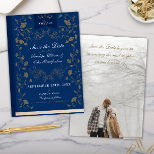 Elegant Blue Gold Library Wedding Save the Date Invitation