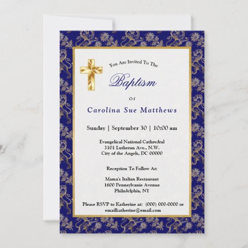 Elegant Blue Gold Lion Floral Baptism Invitation