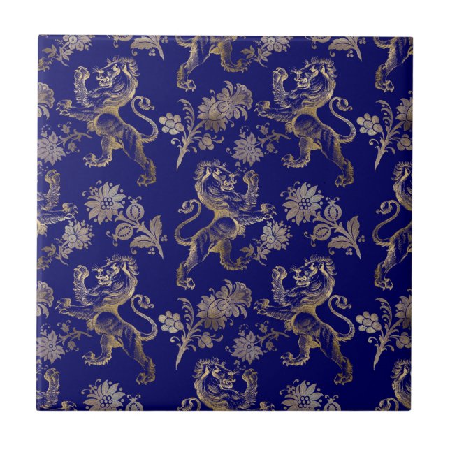 Elegant Blue Gold Lion Floral  Ceramic Tile (Front)