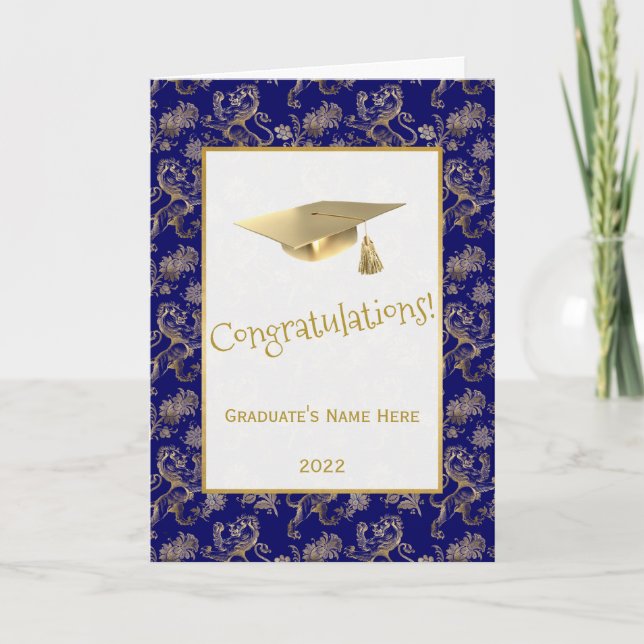 Elegant Blue Gold Lion Floral Graduation Card (Front)