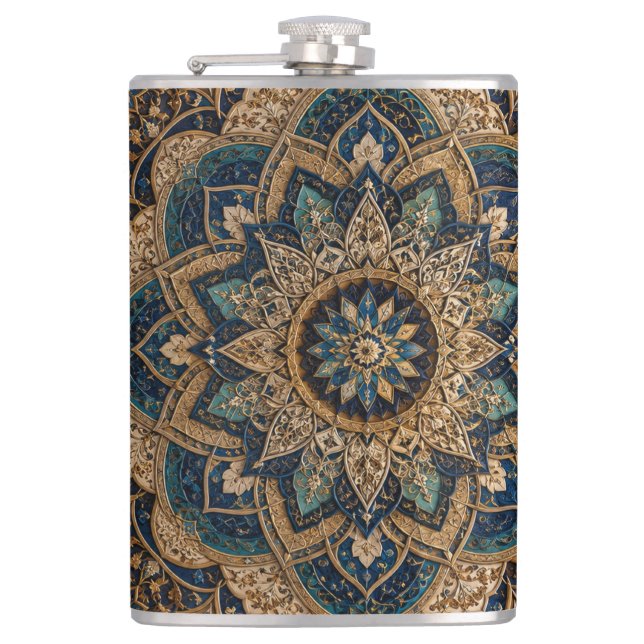 Elegant Blue & Gold Mandala Pattern Slim Water Bot Flask (Front)