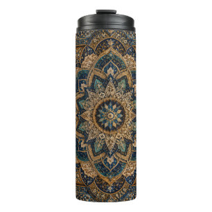 Elegant Blue & Gold Mandala Pattern Slim Water Bot Thermal Tumbler