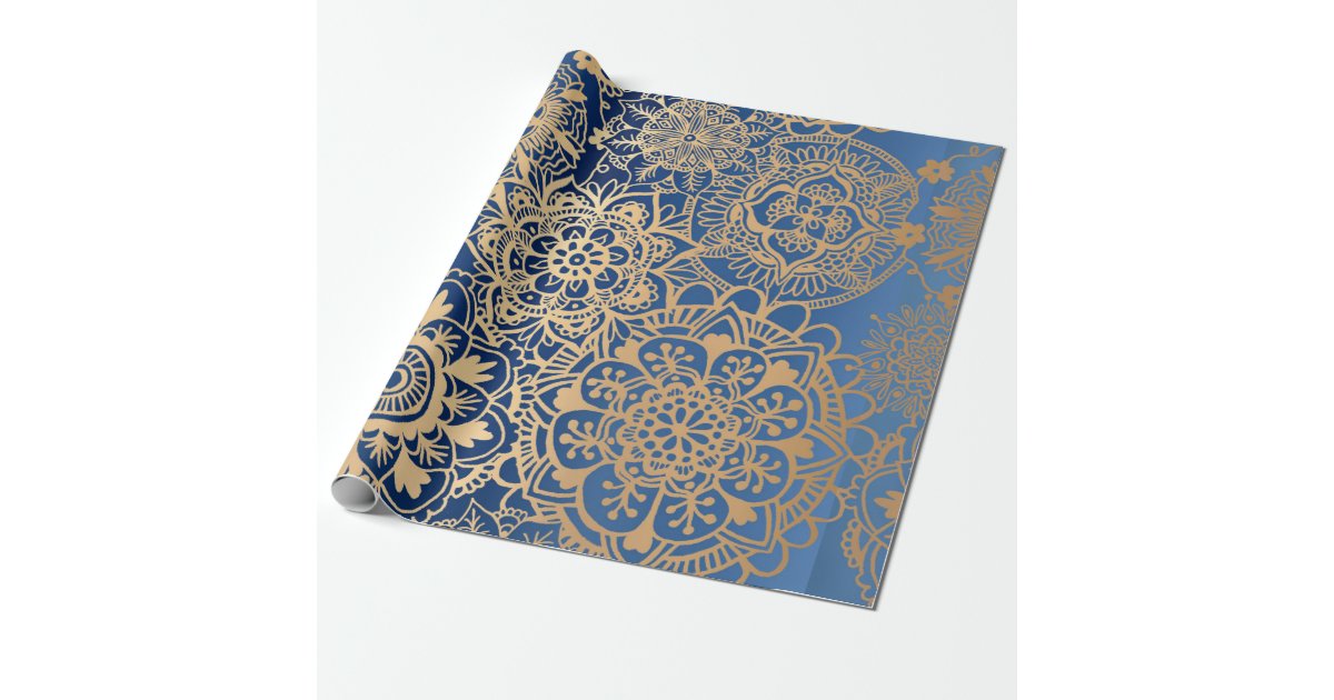 Elegant Blue Gold Mandala Pattern Wrapping Paper Zazzle Com White christmas decoration on white background with pine cones. elegant blue gold mandala pattern wrapping paper zazzle com