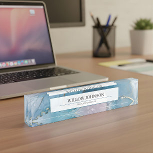 Elegant Blue Gold Marble Accounts Executive Audit  Desk Name Plate