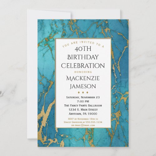 Elegant Blue Gold Marble Birthday Invitation