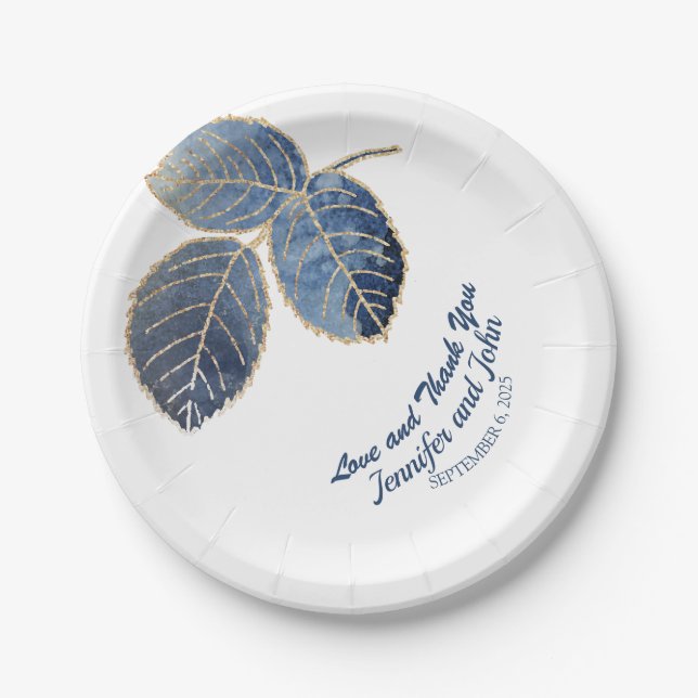 Elegant Blue Gold Marble Botanical Wedding Paper Plates (Front)