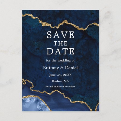 Elegant Blue Gold Marble Geode Save The Date Announcement Postcard