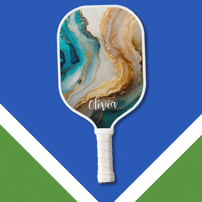 Elegant Blue Gold Marble Personalized Name Pickleball Paddle (Creator Uploaded)