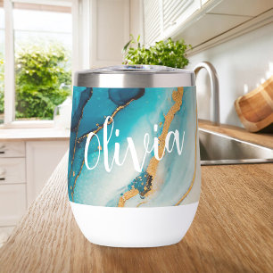 Elegant Blue Gold Marble Personalized Name Thermal Wine Tumbler