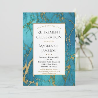 Elegant Blue Gold Marble Retirement Invitation | Zazzle