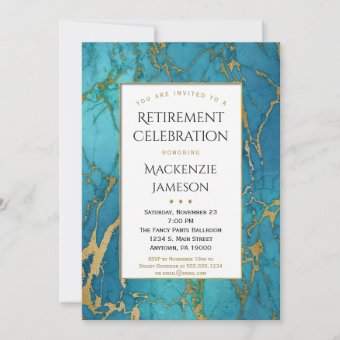 Elegant Blue Gold Marble Retirement Invitation | Zazzle