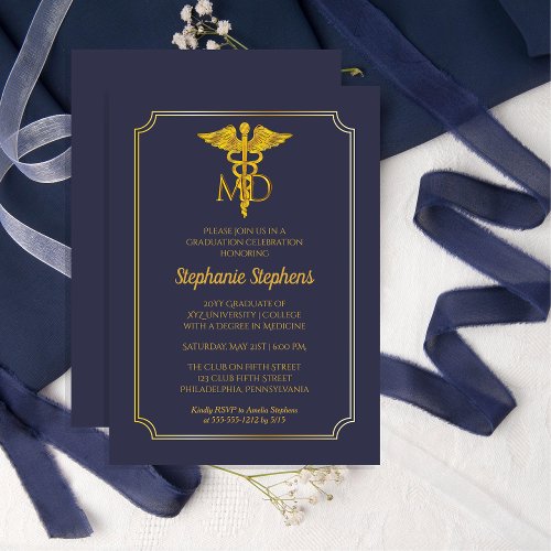 Elegant Blue  Gold MD Physician Graduation Party Invitation