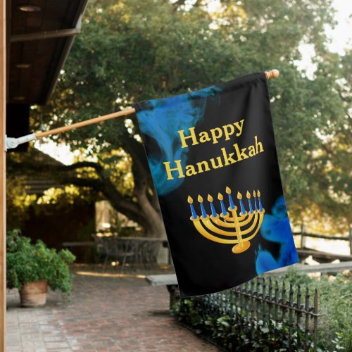 Elegant Blue  Gold Menorah Happy Hanukkah House Flag