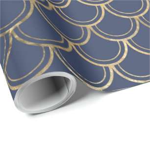 Elegant Blue Gold Mermaid Fish Scales Pattern Wrapping Paper