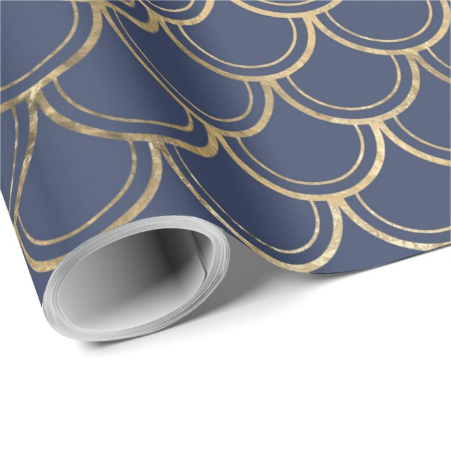 Elegant Blue Gold Mermaid Fish Scales Pattern Wrapping Paper (Roll Corner)