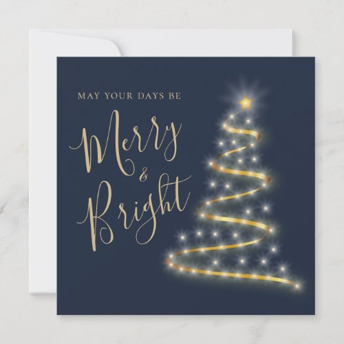 Elegant Blue Gold  Merry and Bright Non Photo Holi Holiday Card